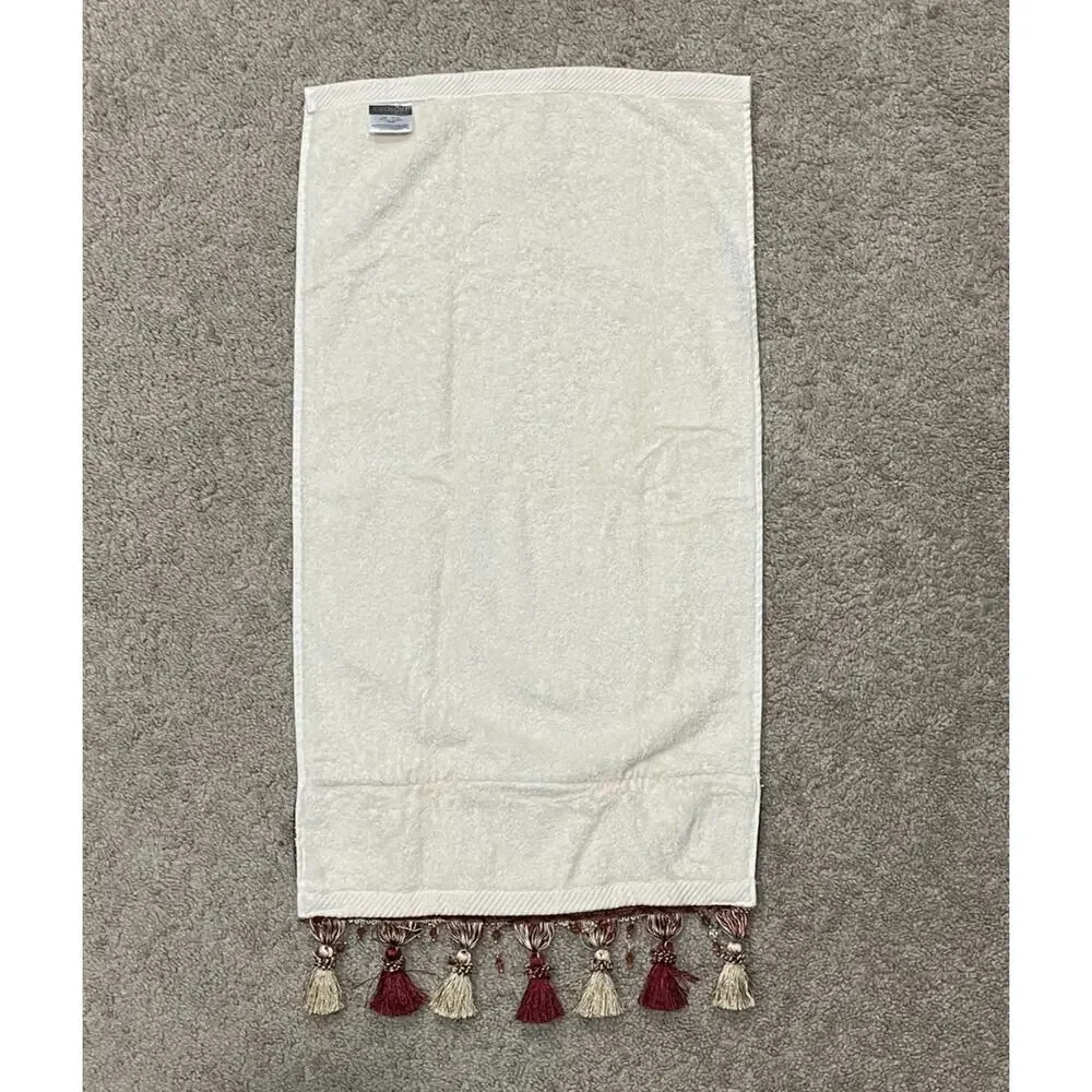 Croscill Burgundy Gold Hand Bath Towel Set Tassel Fringe Bead Damask Decorative